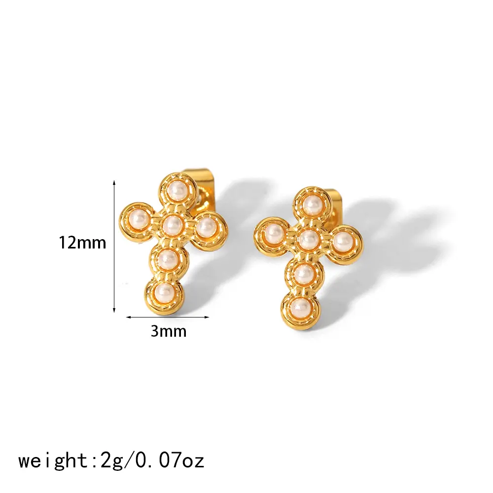 1 Pair Simple Exquisite Style Star Moon Cross Shape Stainless Steel 18K Gold Plated Inlay Imitation Pearl Women's Stud Earrings h5 Picture2